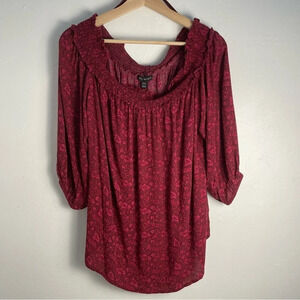 Lane Bryant 14/16 Boho Peasant Top Burgundy Fuchsia Floral Print Office Cottage